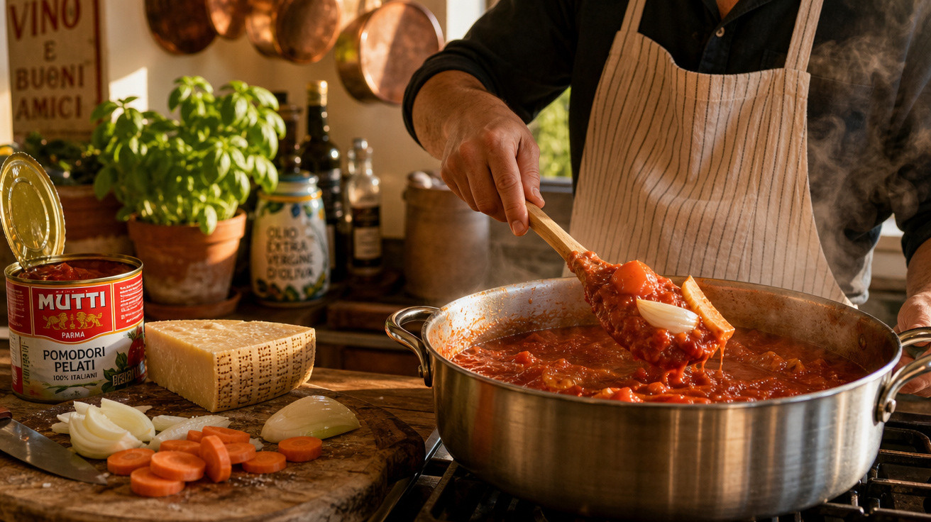 Pessoa mexendo molho de tomate em panela grande com legumes e queijo parmesão ao lado.