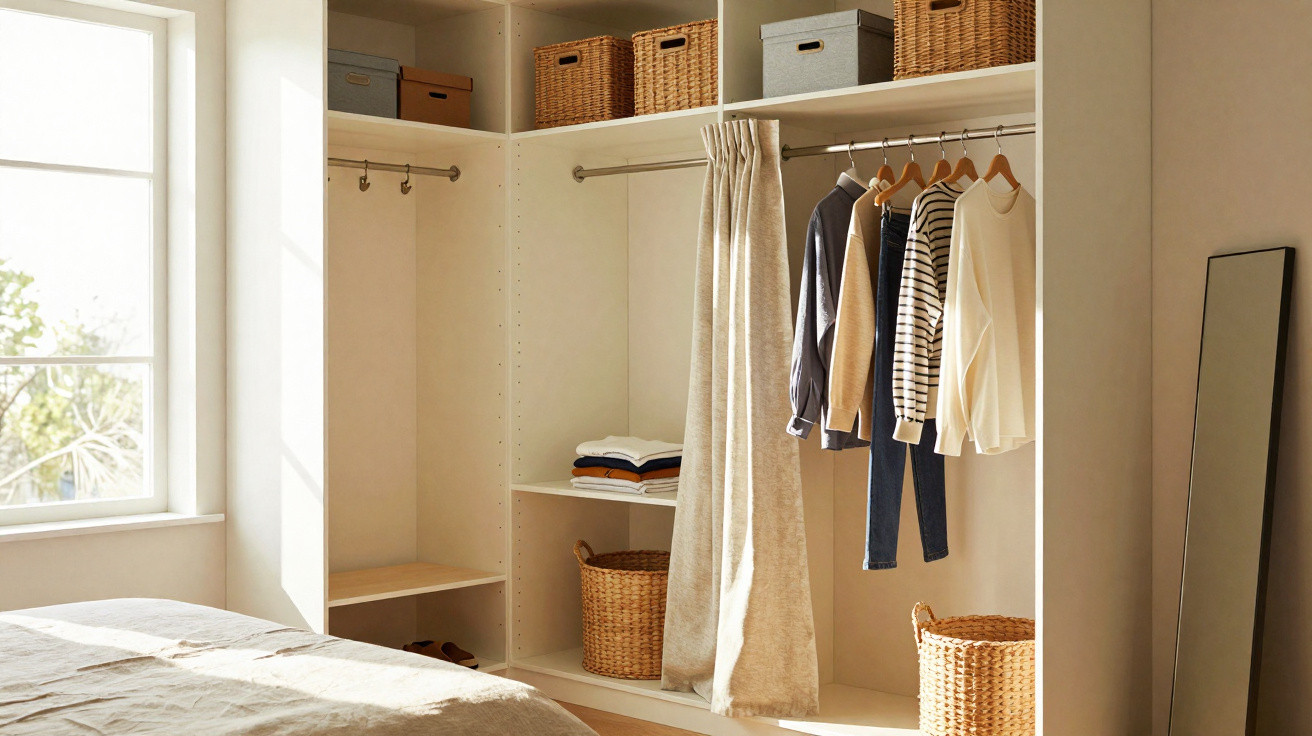 Guarda-roupa branco aberto com roupas penduradas, cestas de vime e caixas organizadoras em quarto iluminado.