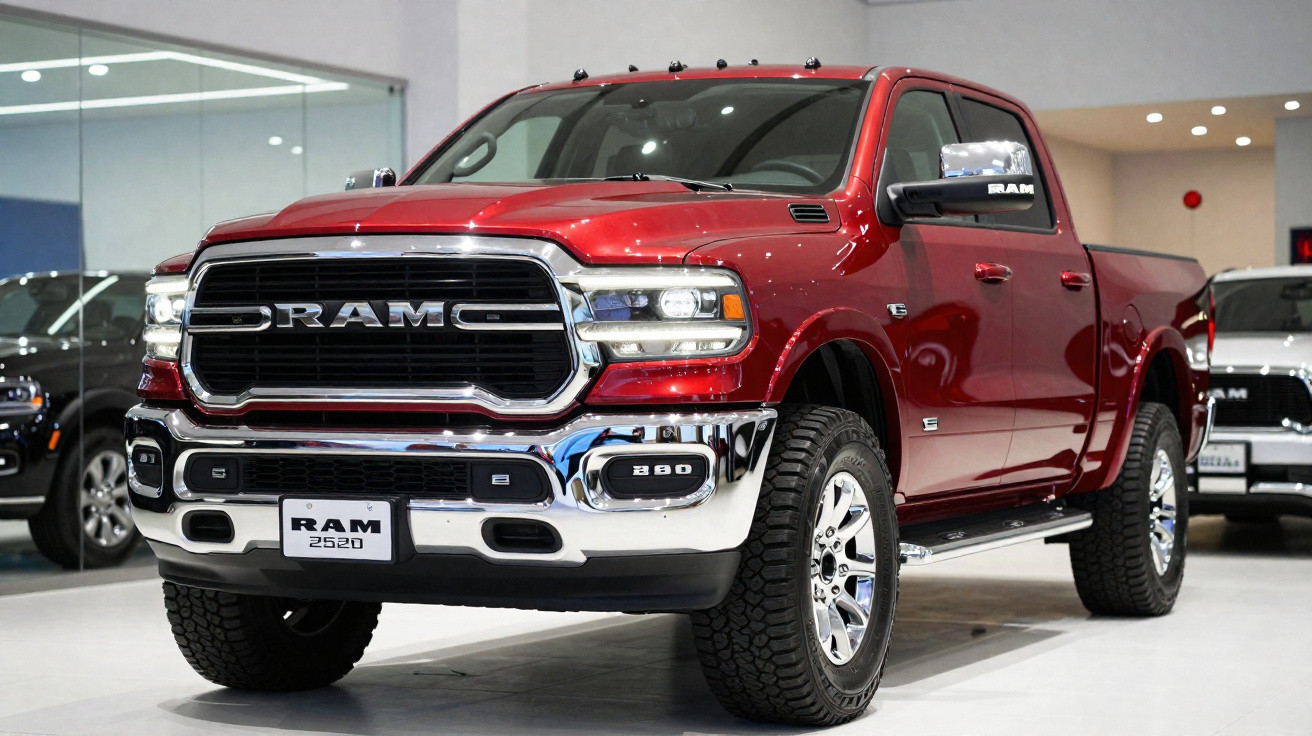 Picape RAM 2500 vermelha exposta em concessionária com detalhes cromados e pneus robustos.