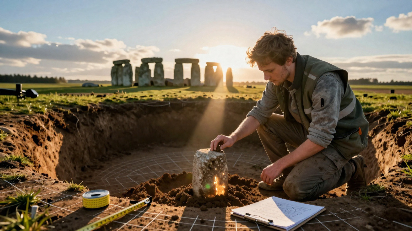 Arqueólogo escavando e examinando artefato em sítio arqueológico com Stonehenge ao fundo ao pôr do sol.