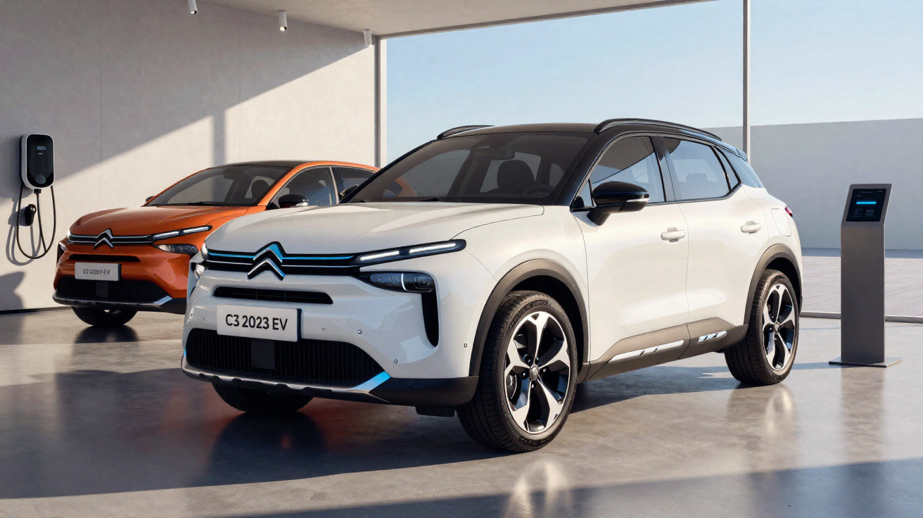 Dois carros elétricos Citroën C3 2023 EV estacionados em ambiente interno moderno.