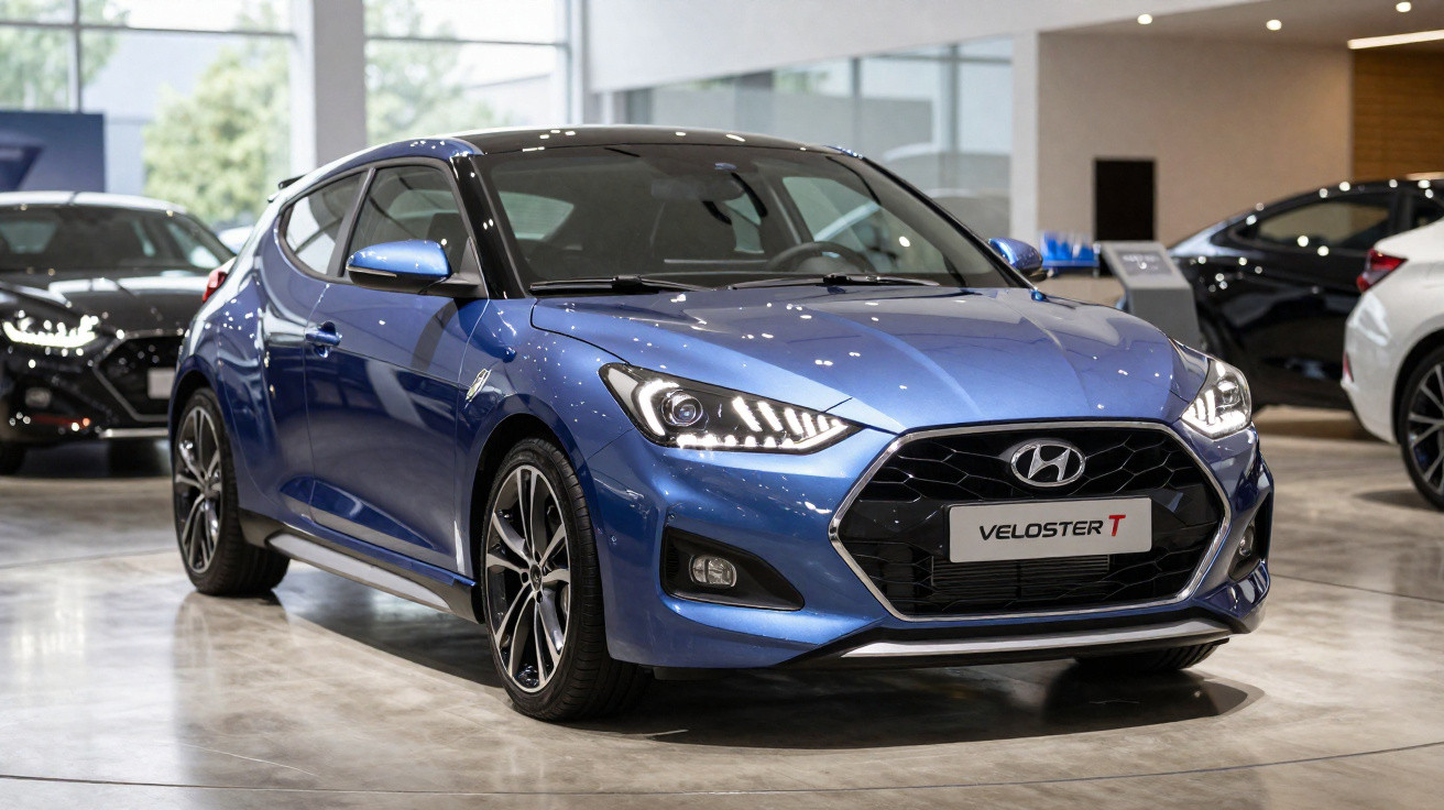 Carro esportivo Hyundai Veloster T azul em exposição dentro de showroom com piso cinza.
