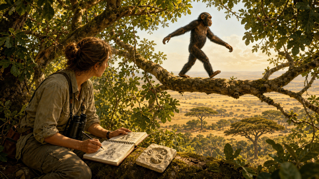 Mulher observa chimpanzé caminhando sobre galho de árvore em paisagem de savana ao entardecer.