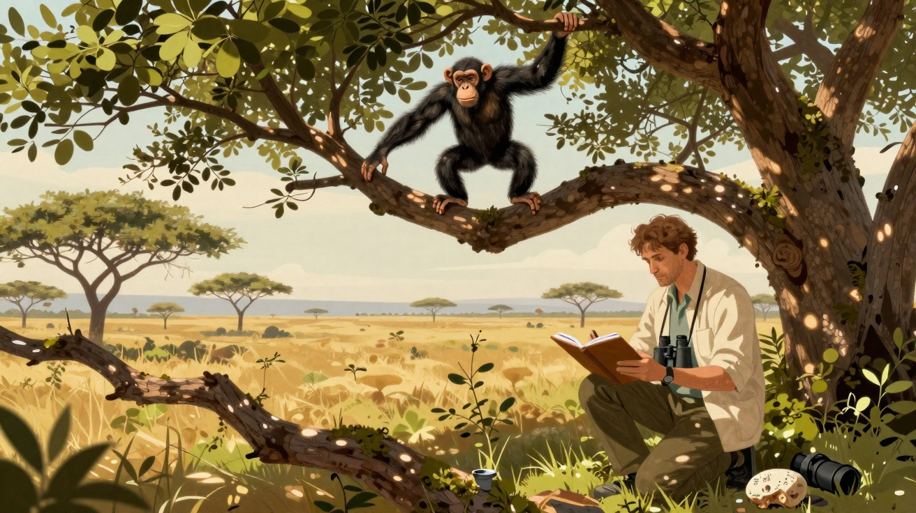 Homem lendo livro sob árvore enquanto chimpanzé observa em galho na savana africana.