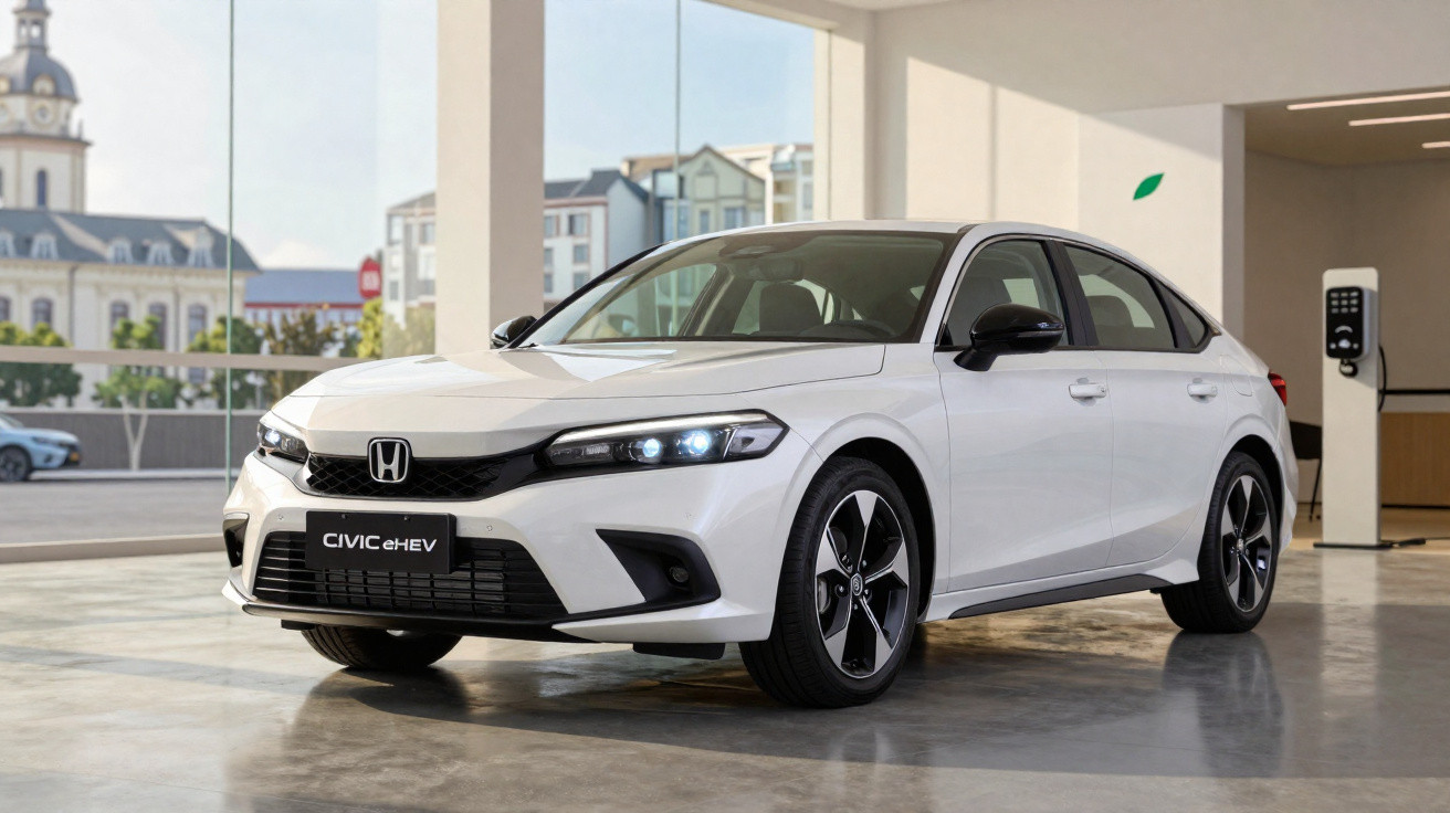 Carro branco Honda Civic e:HEV estacionado em ambiente interno iluminado e moderno.