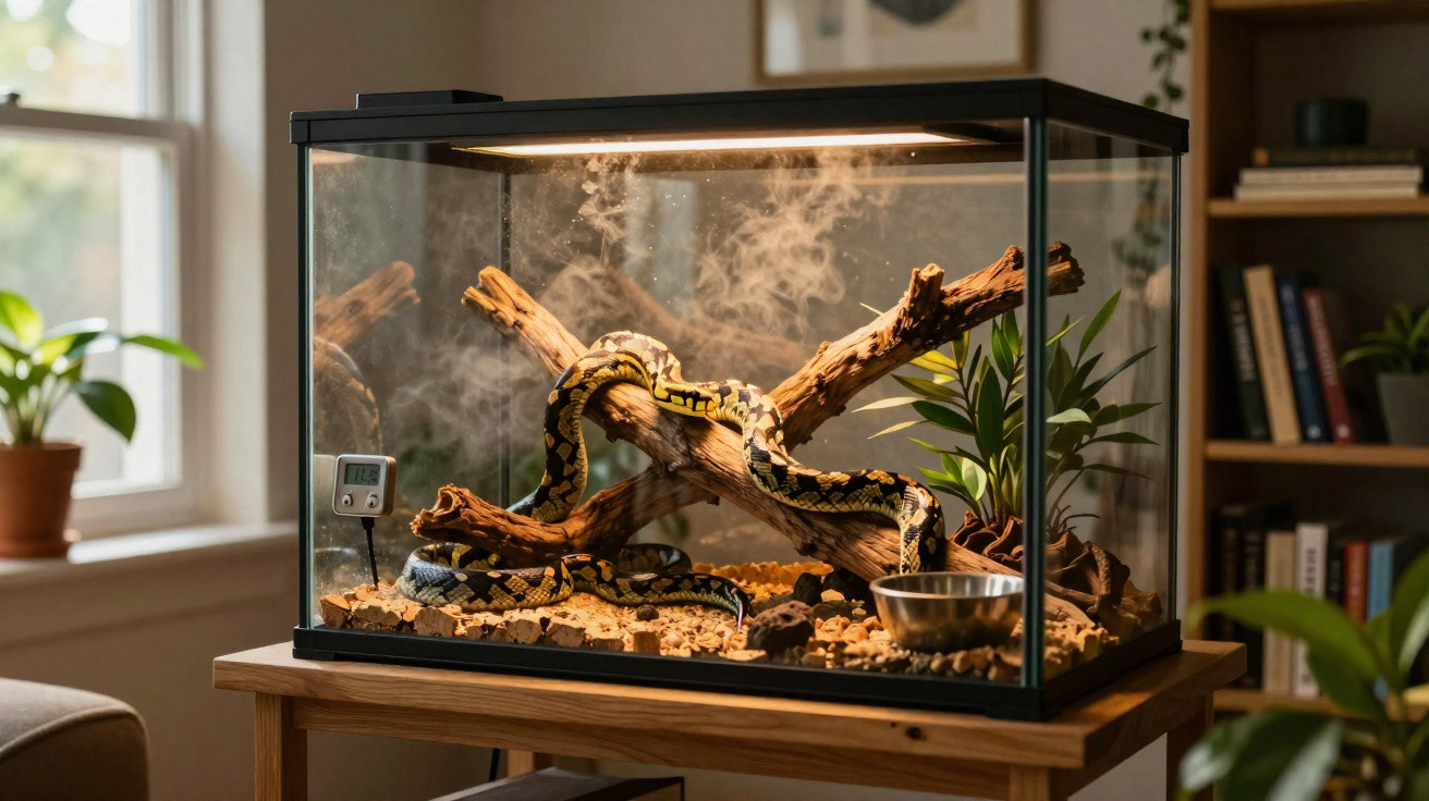 Terrário com cobra píton em troncos secos e plantas dentro de sala iluminada.