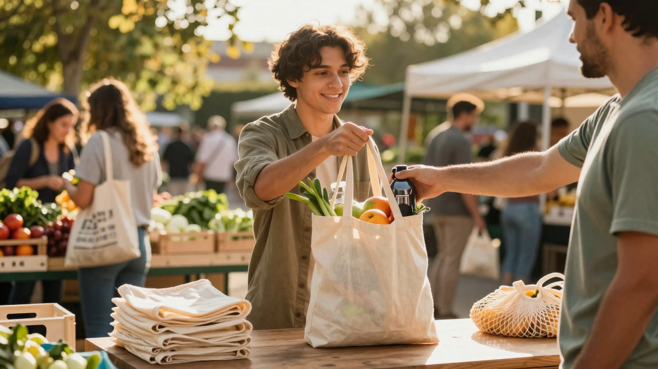 Jovem compra frutas e verduras em feira ao ar livre usando sacola reutilizável em dia ensolarado.