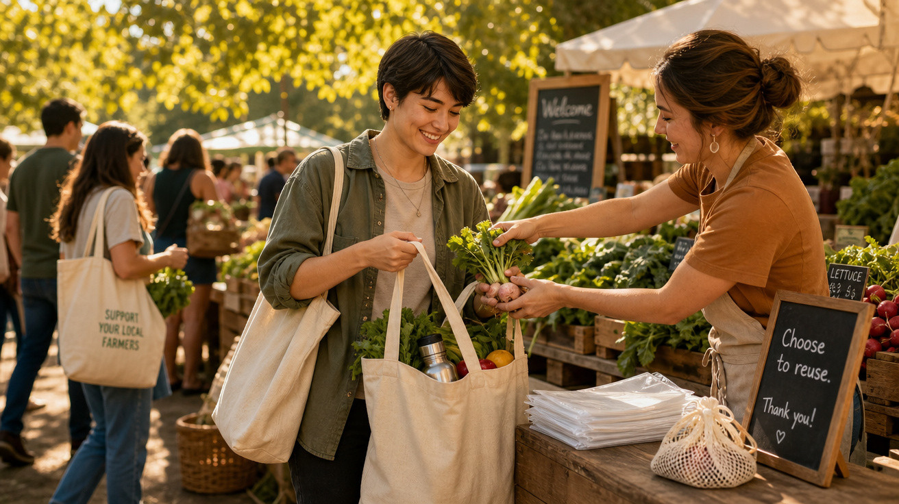 Mulher compra vegetais frescos de vendedora em feira ao ar livre sob luz natural intensa.