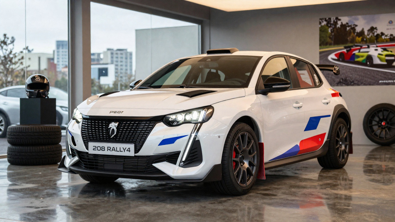 Carro esportivo Peugeot 208 Rally4 branco com detalhes azuis e vermelhos em showroom moderno.