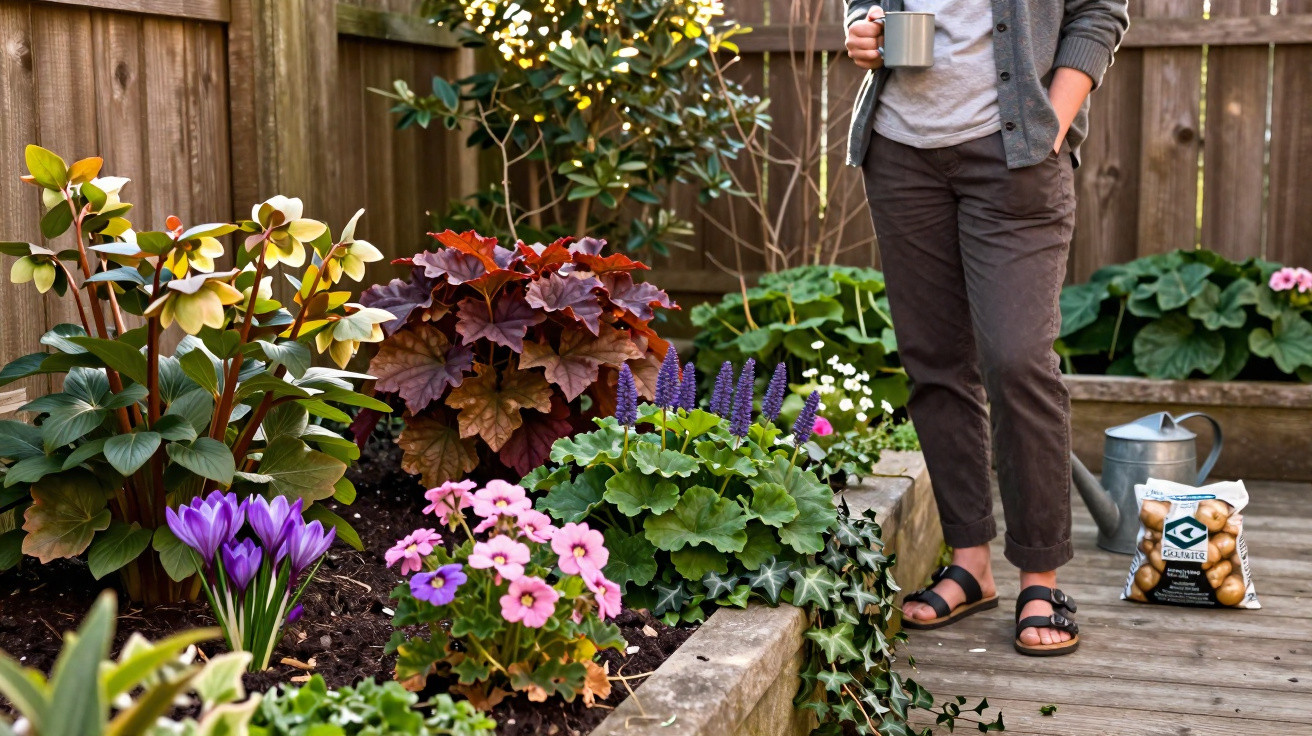 Jardim florido com plantações variadas, pessoa com caneca na mão ao lado de saco de batatas e regador.