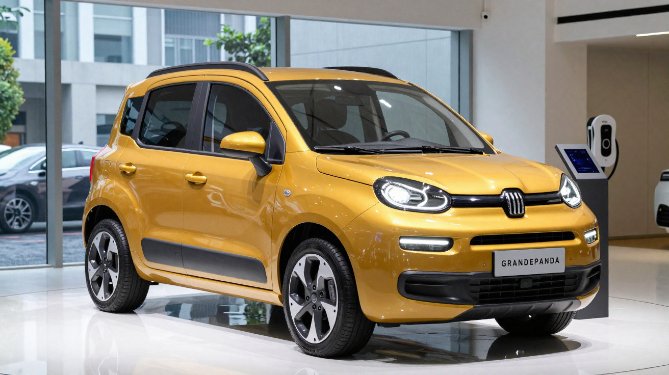 Carro compacto Fiat Panda amarelo exposto em showroom com carregador elétrico ao fundo.