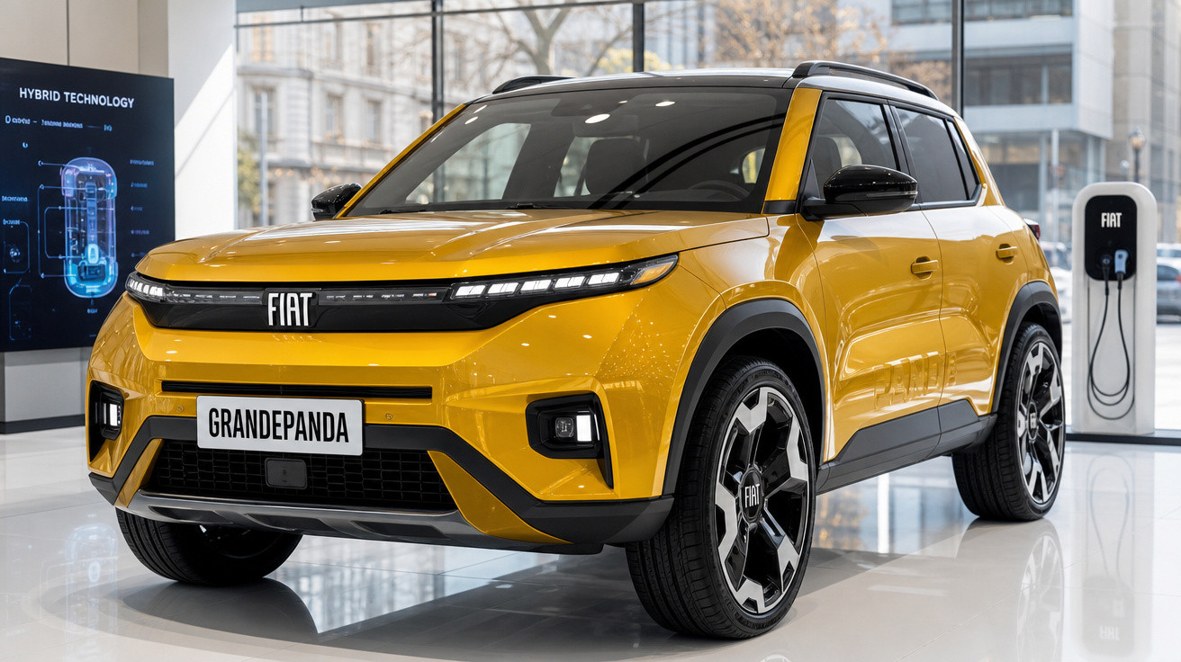 SUV elétrico Fiat GrandePanda amarelo exibido em showroom moderno com carregador ao fundo.