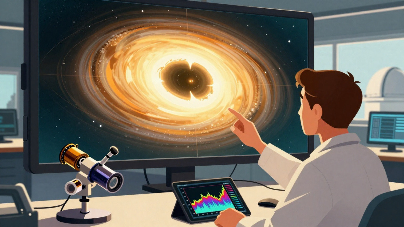 Cientista observa buraco negro brilhante em tela grande enquanto analisa dados no tablet em laboratório espacial.