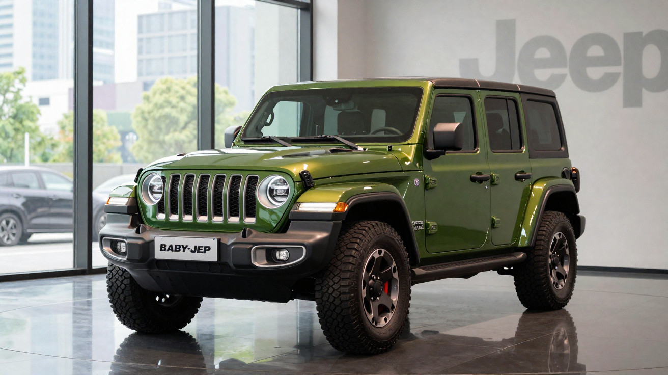 Jeep verde modelo Baby-Jeep estacionado em showroom com vidro e paredes brancas ao fundo.