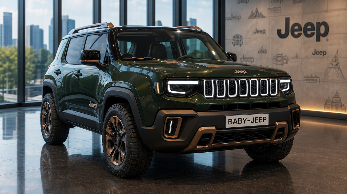 SUV Jeep verde modelo Baby-Jeep exposto em showroom com vitrine de vidro e letreiro Jeep.