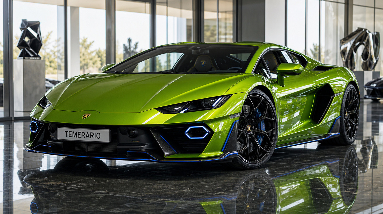 Carro esportivo Lamborghini verde com design aerodinâmico em exposição interna com piso refletivo.