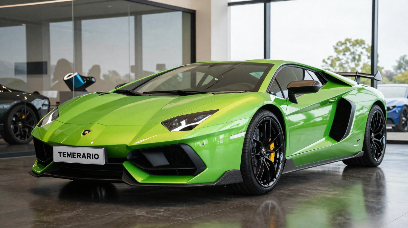 Carro esportivo verde Lamborghini parado em showroom com rodas pretas e detalhes aerodinâmicos.