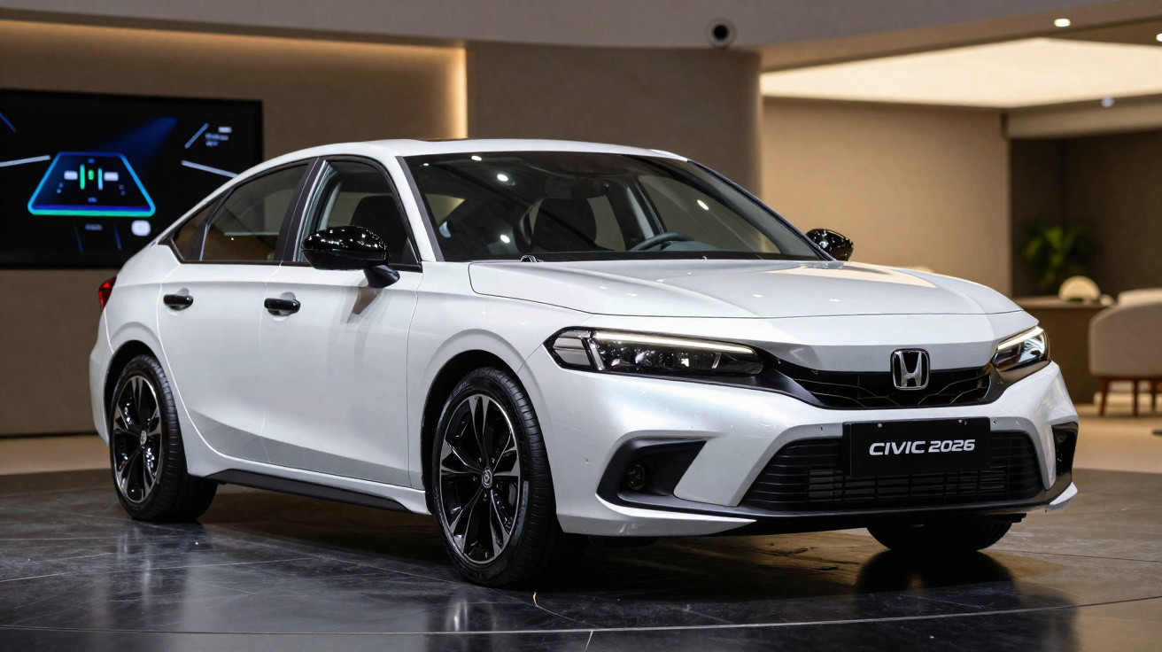 Honda Civic branco 2026 exibido em salão interno moderno com rodas pretas esportivas.