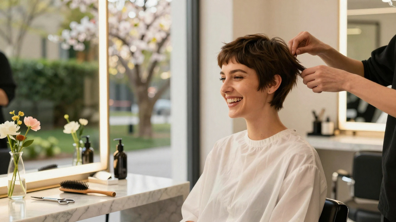 Mulher sorrindo sentada em salão de beleza tendo cabelo cortado por profissional.