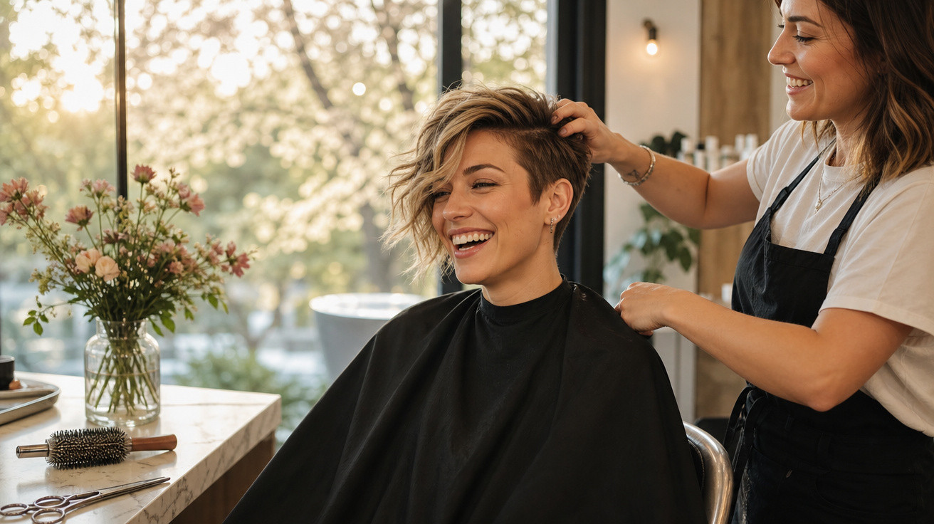 Mulher sorrindo com corte de cabelo moderno sendo feita por cabeleireira em salão iluminado.
