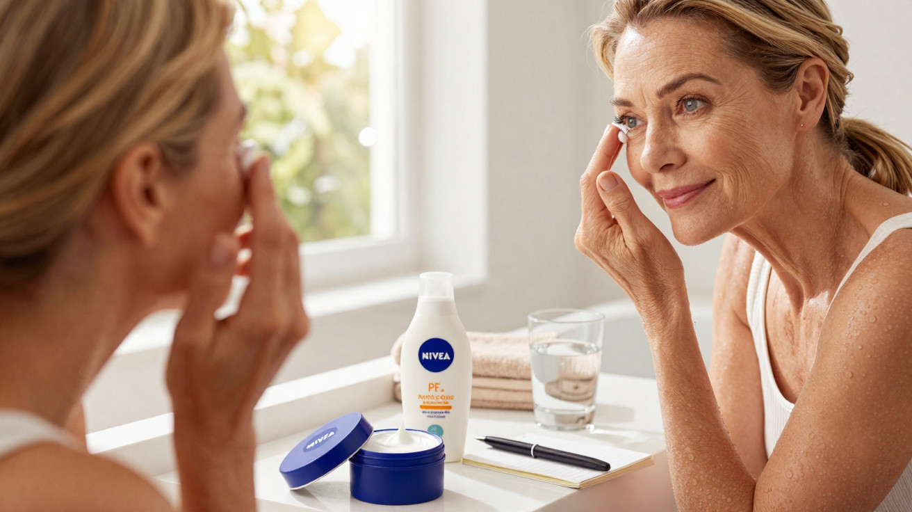 Mulher aplicando creme facial ao olhar no espelho em banheiro iluminado.