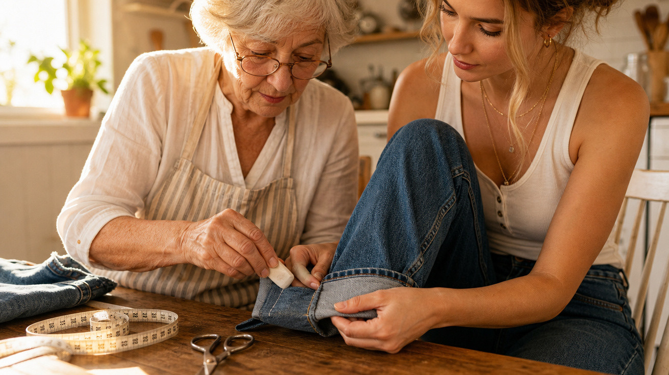 Mulher idosa ajuda jovem a customizar barra de jeans em mesa com fita métrica e tesoura.