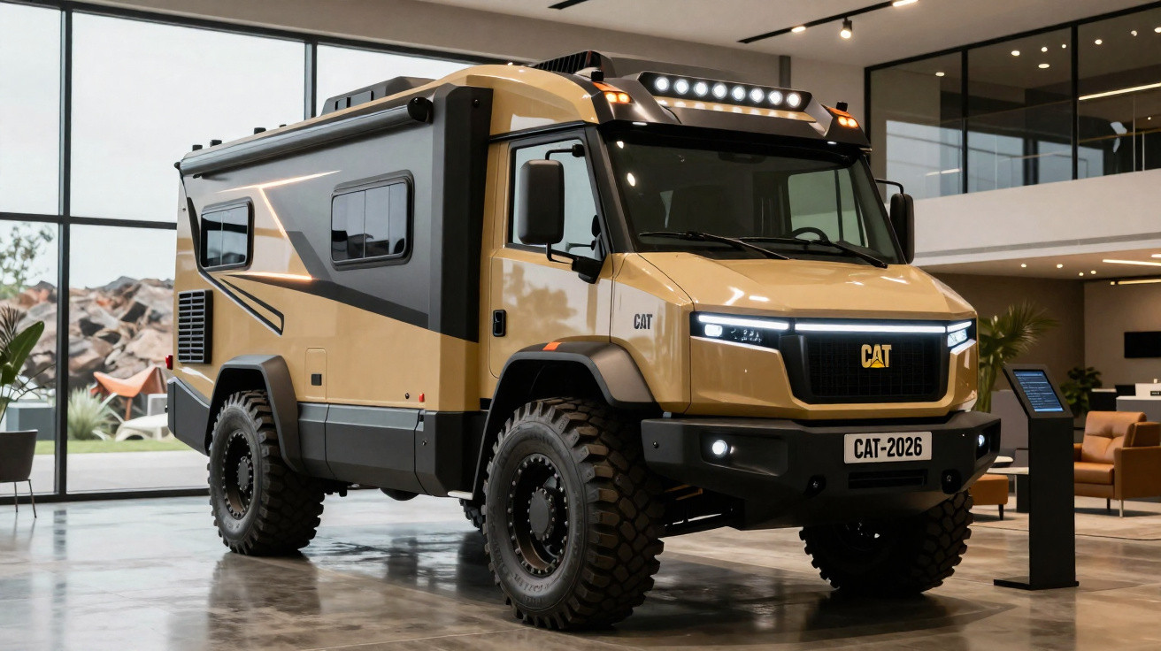 Veículo off-road CAT amarelo com cabine para camping em ambiente interno moderno.