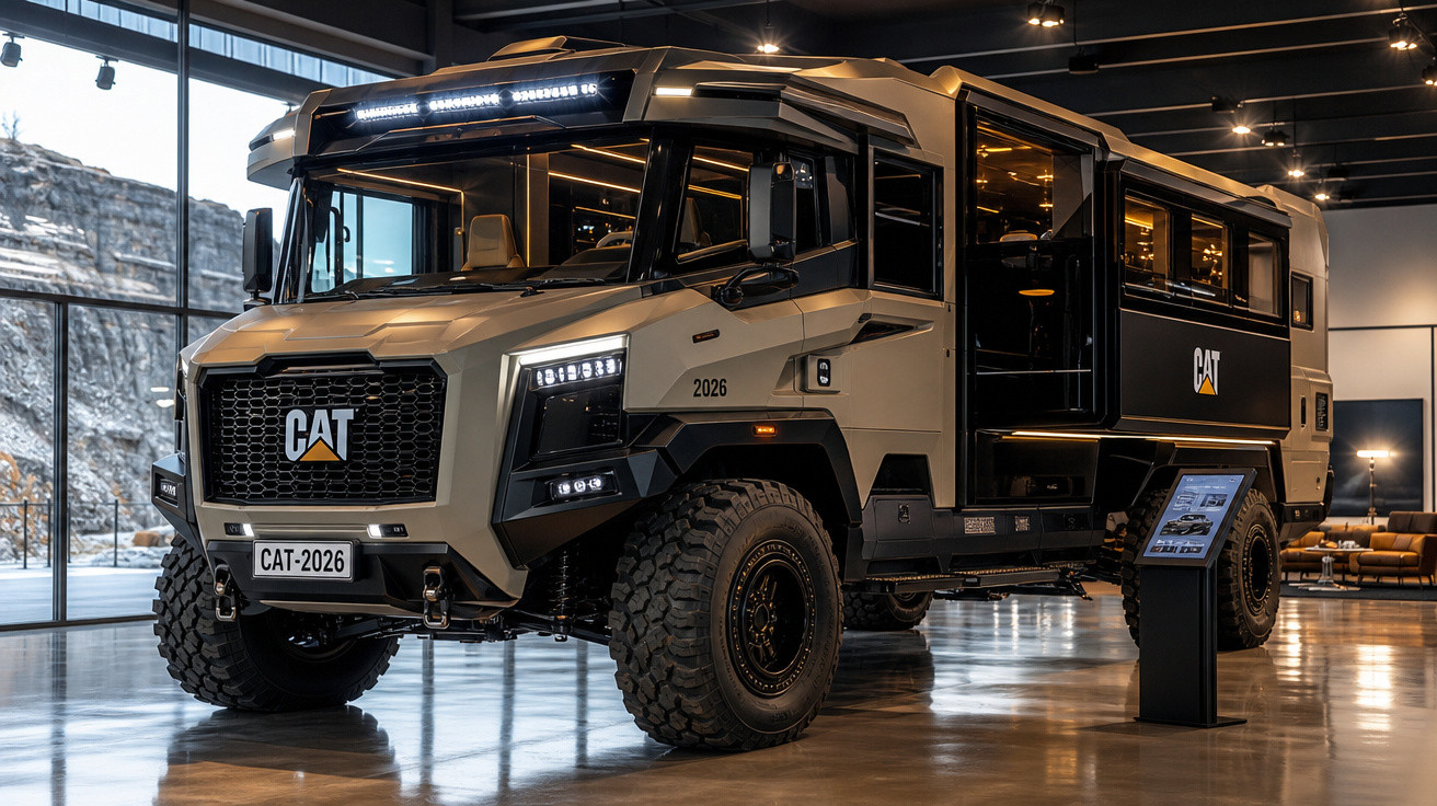 Veículo off-road grande da CAT exposto em ambiente interno, com design robusto e pneus largos.