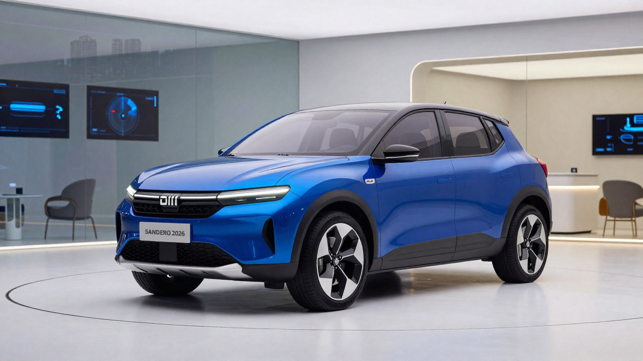 Carro elétrico azul modelo Sandero 2026 em salão moderno com paredes de vidro e móveis minimalistas.