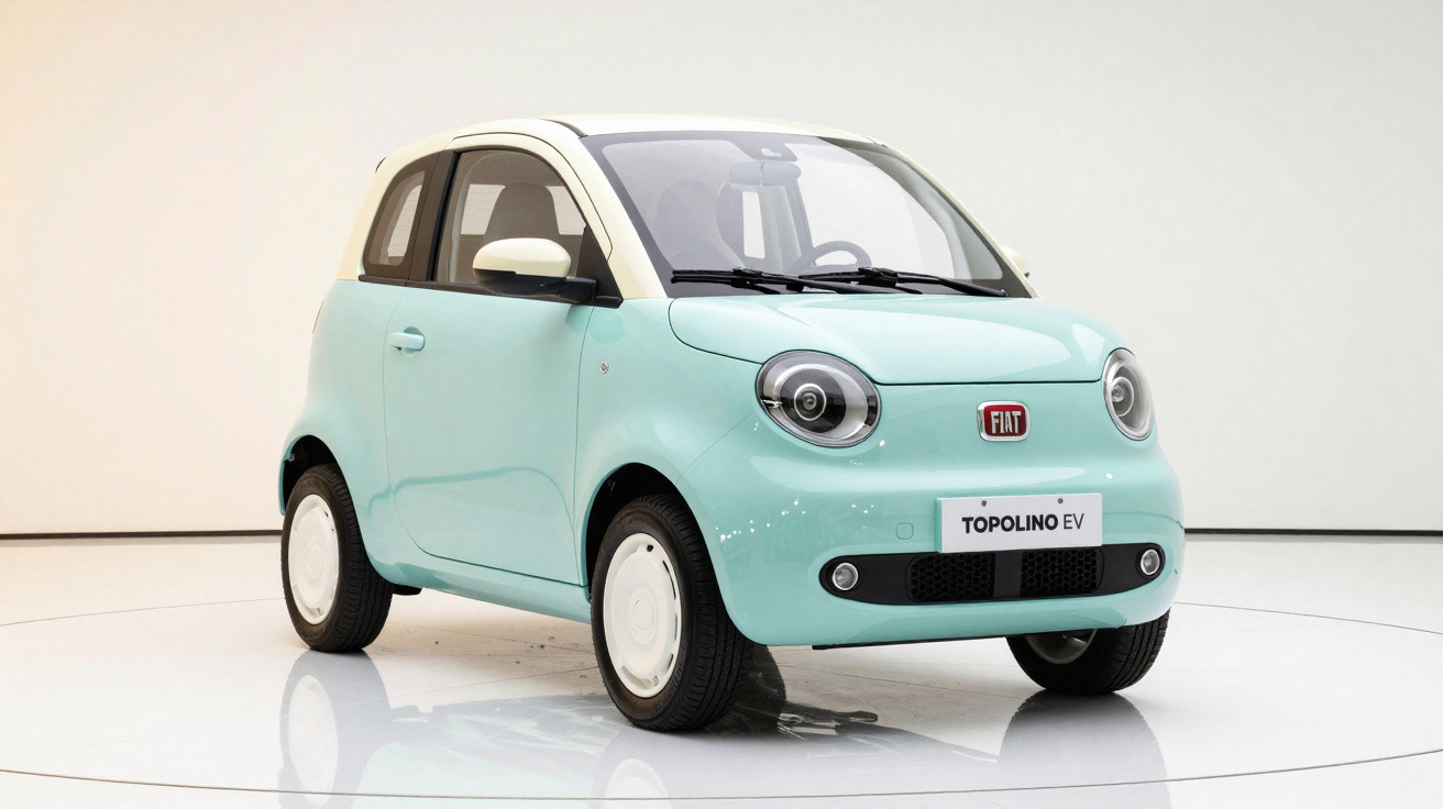 Carro elétrico compacto Fiat Topolino EV na cor azul com teto branco, em ambiente interno minimalista.