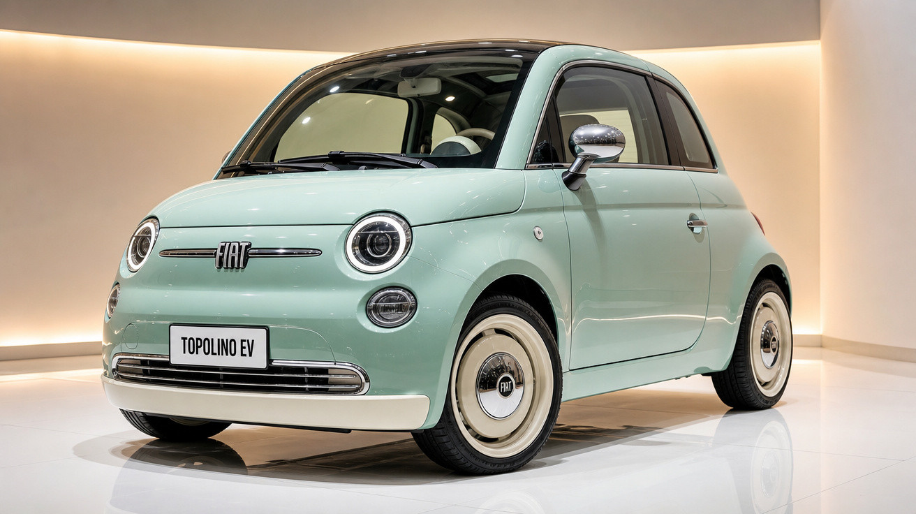 Carro compacto Fiat Topolino EV verde claro com teto preto em ambiente iluminado e moderno.