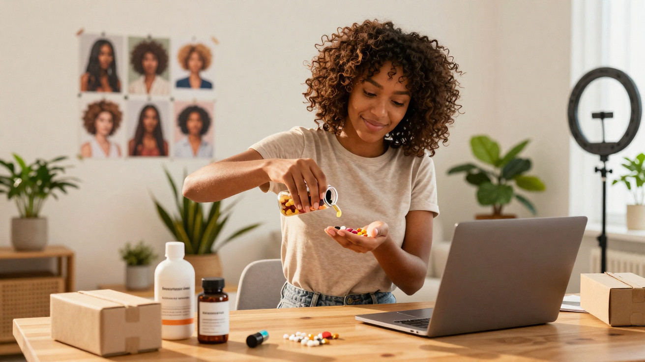 Mulher sorrindo organizando suplementos em um ambiente de trabalho com laptop e plantas ao fundo.