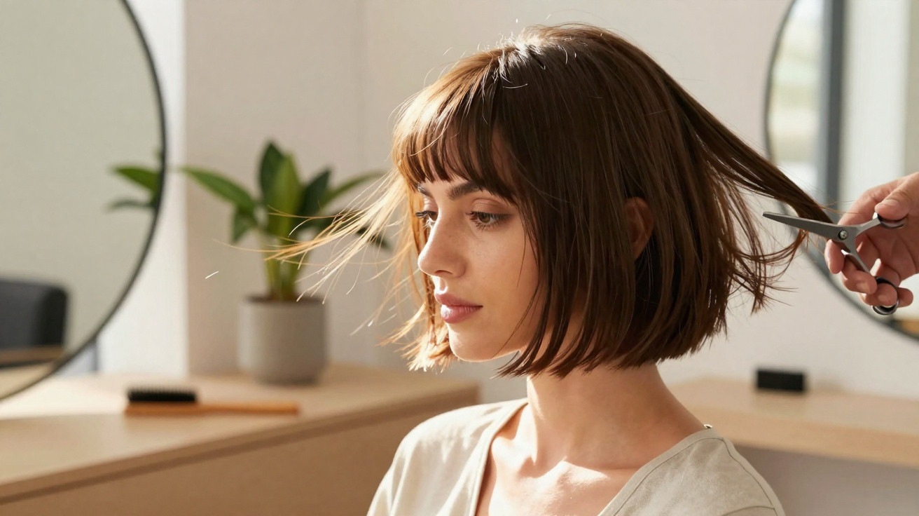 Mulher com cabelo curto castanho recebendo corte de cabelo em salão com espelhos e planta ao fundo.