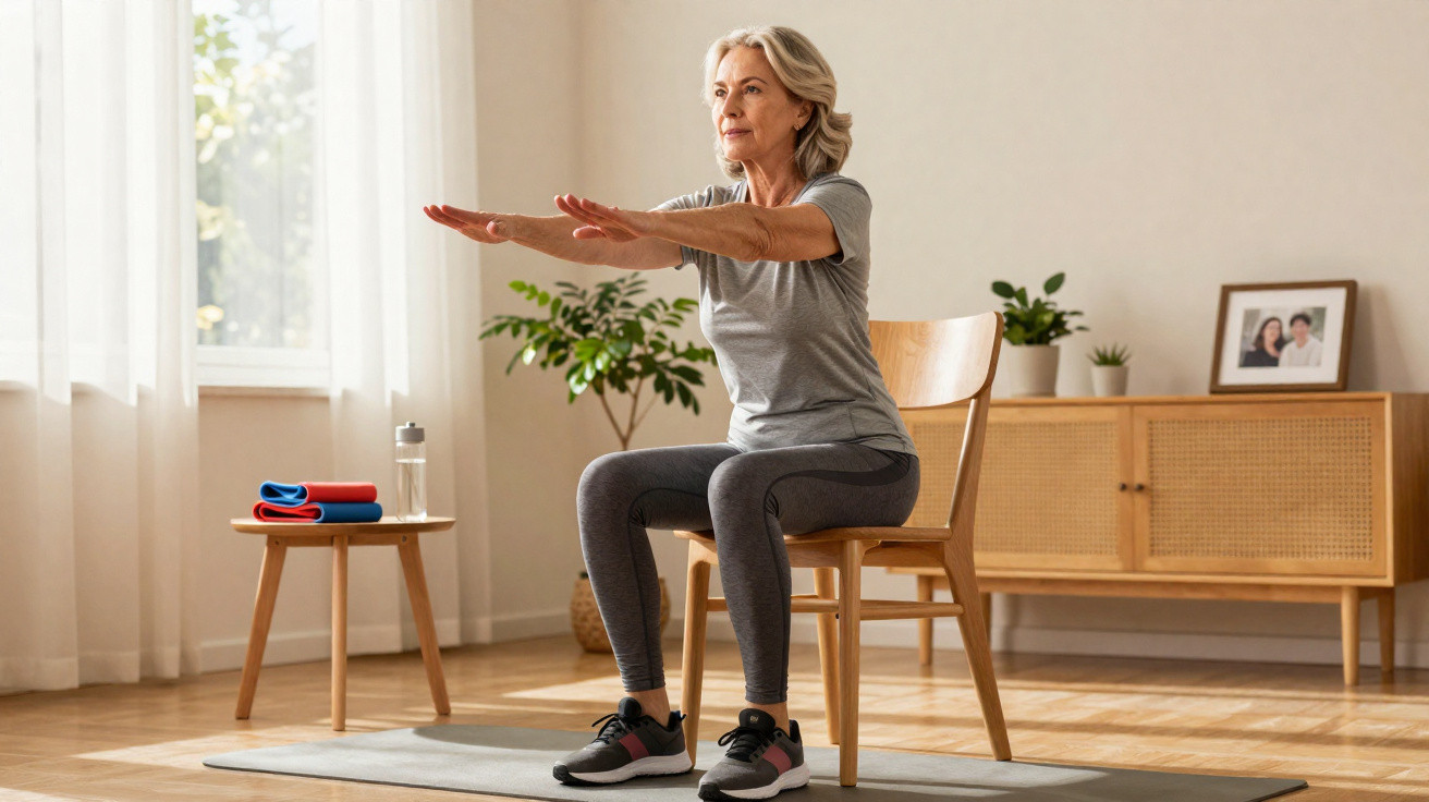 Mulher idosa fazendo exercícios sentada em cadeira, braços estendidos à frente, em sala iluminada.