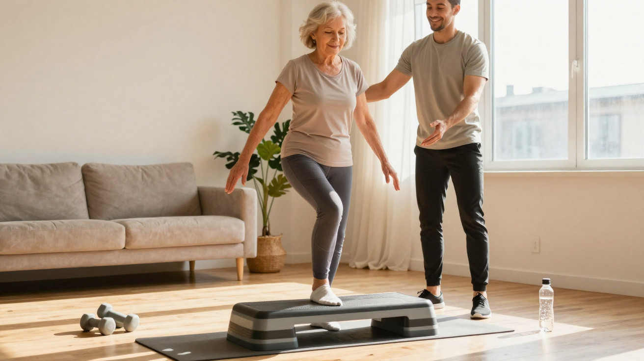 Mulher idosa fazendo exercício em step com auxílio de personal trainer em sala iluminada.