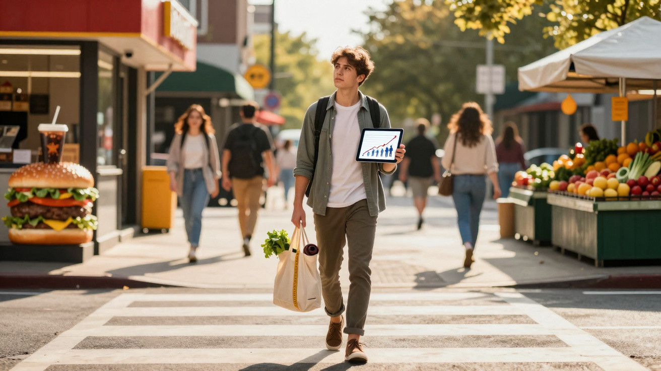 Jovem atravessa rua com sacola de compras e tablet mostrando gráfico financeiro em área urbana movimentada.