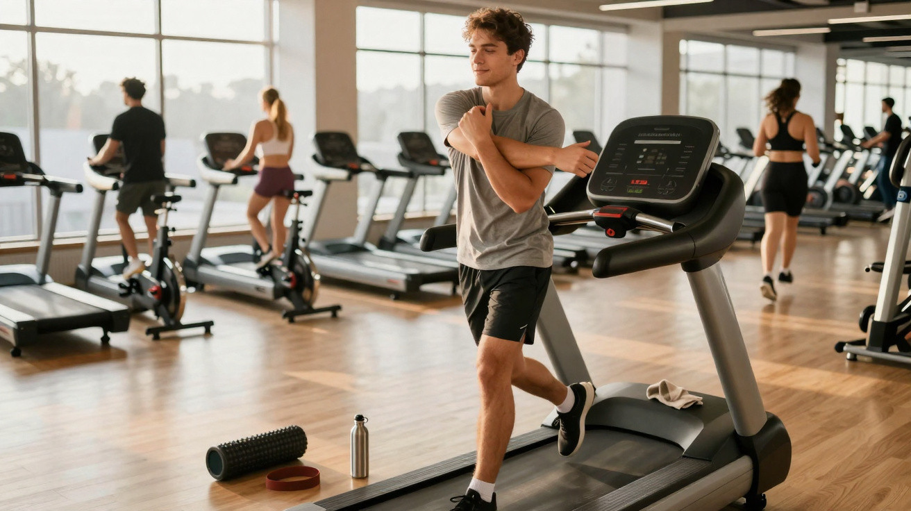 Jovem alongando o ombro ao lado de esteira em academia com outras pessoas se exercitando ao fundo.