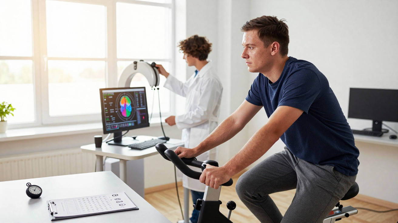 Homem pedalando em bicicleta ergométrica enquanto profissional da saúde monitora dados em equipamento médico.