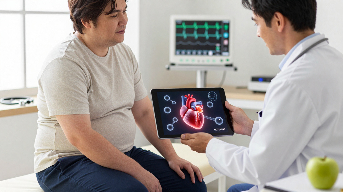 Paciente consulta médico que mostra imagem digital de coração em tablet na clínica.