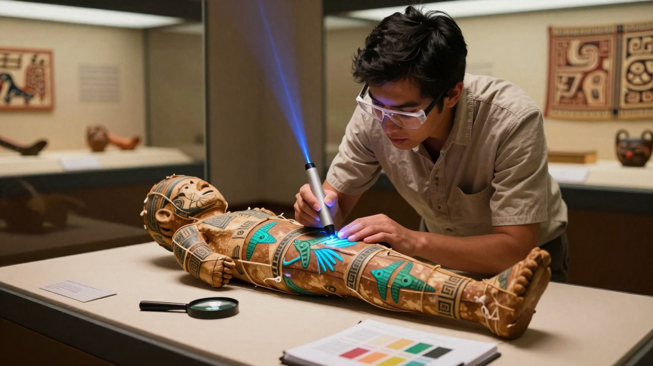 Pesquisador usa scanner para analisar detalhes de uma escultura indígena exposta em museu.