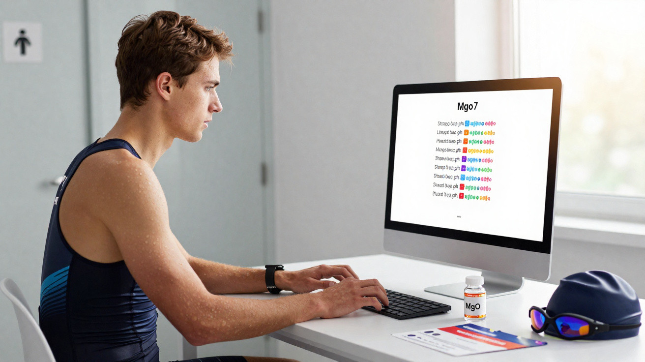 Jovem atleta em regata azul sentado à mesa, usando computador que exibe informações sobre MgO7.