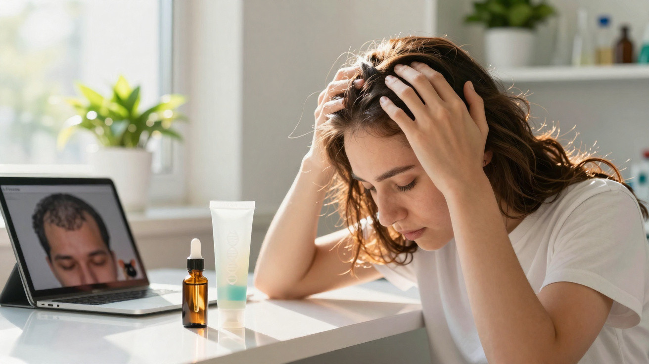 Mulher preocupada examinando cabelo, com laptop mostrando homem calvo e produtos capilares na mesa.
