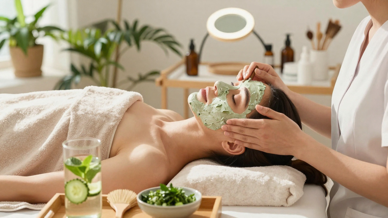 Mulher recebendo máscara facial de argila verde em spa, deitada com toalha branca e bebida refrescante ao lado.