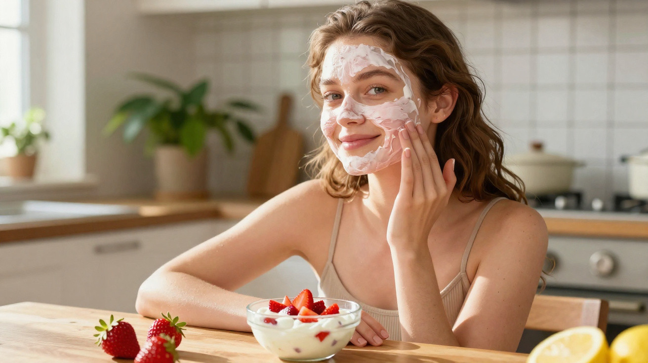 Jovem aplicando máscara facial sorrindo em cozinha, com tigela de iogurte e morangos na mesa.