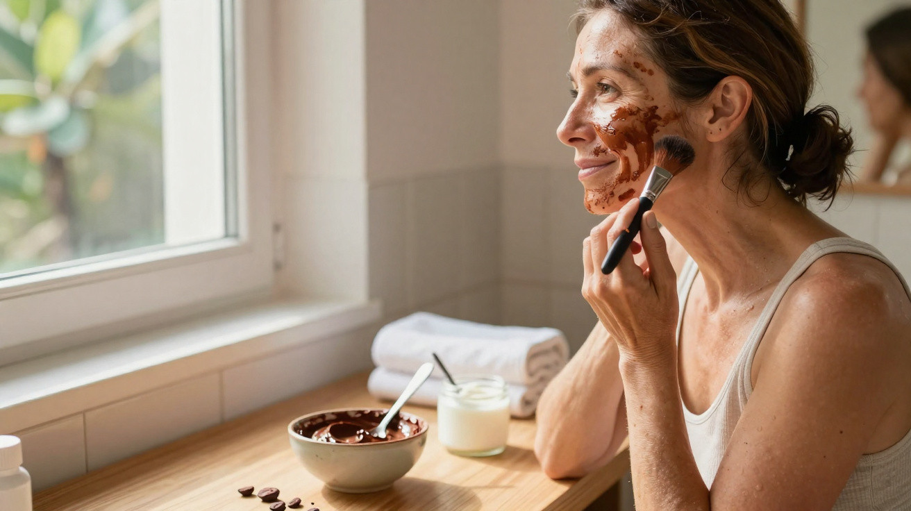 Mulher aplicando máscara facial de argila marrom com pincel, sentada à mesa perto da janela.