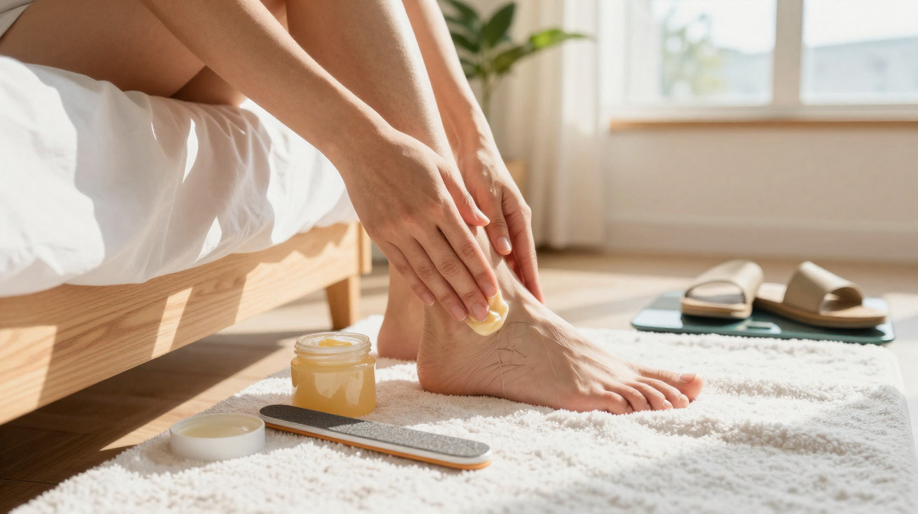 Pessoa aplicando creme para os pés sentada à beira da cama, ao lado de lixa, em tapete branco.