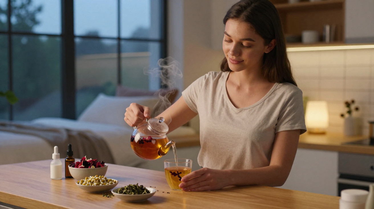 Mulher sorridente servindo chá quente em copo transparente na mesa com ingredientes naturais à noite.