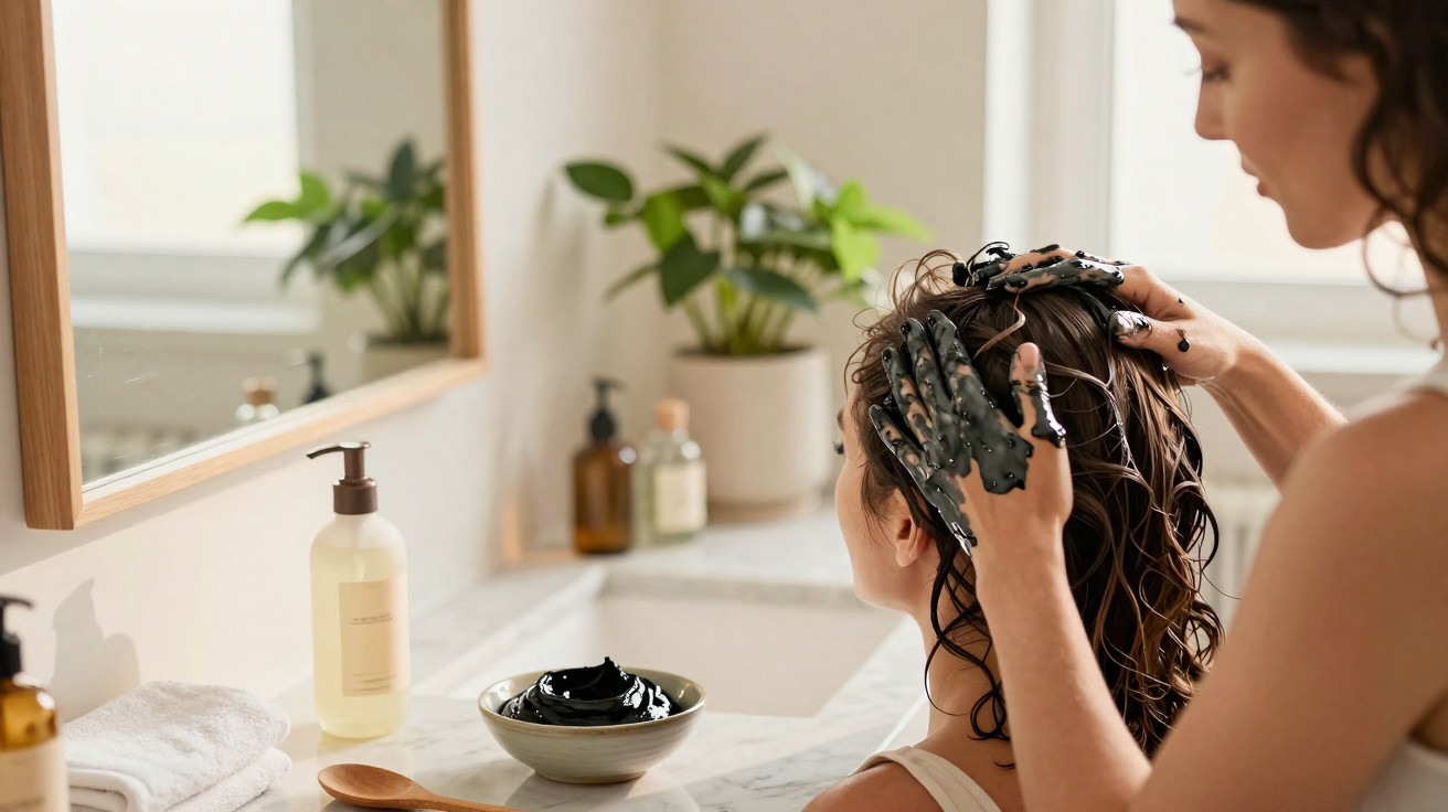 Pessoa aplicando máscara capilar preta no cabelo molhado de outra em banheiro iluminado natural.