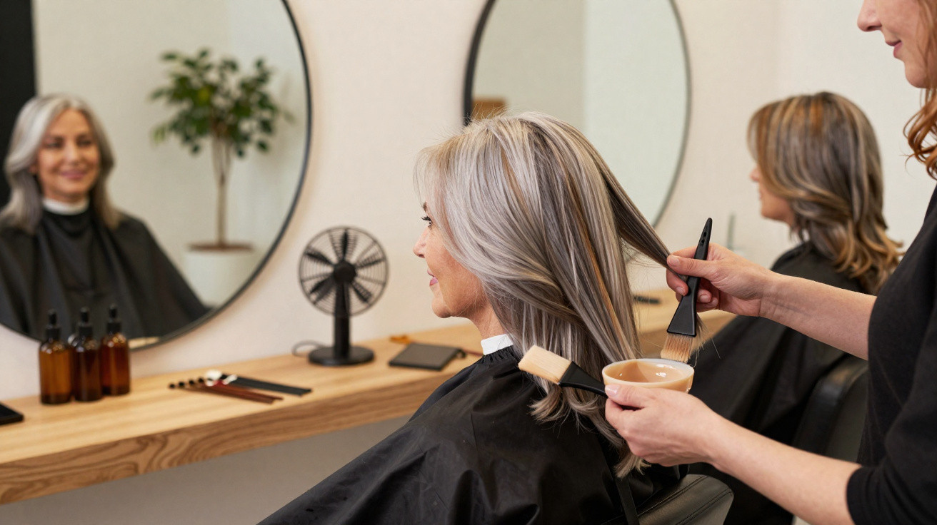Mulher loira com cabelos cinzas recebendo tratamento de coloração em salão de beleza.