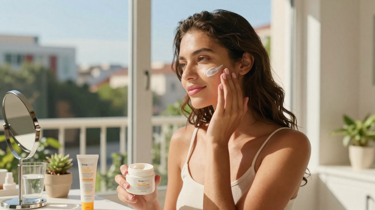 Mulher aplicando creme facial ao lado de espelho e produtos de skincare em ambiente iluminado.